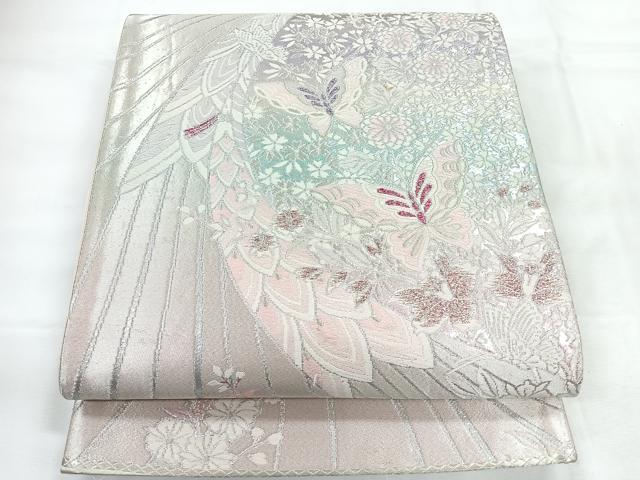 平和屋着物◎西陣　六通柄袋帯　唐織　草花舞蝶文　銀糸　正絹　逸品　CABH1614nb