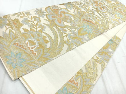 平和屋着物◎六通柄袋帯　草花文　金銀糸　正絹　逸品　CABH1618nb