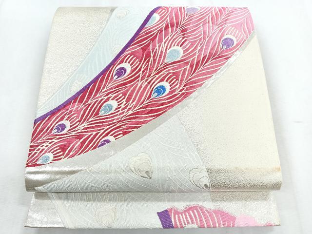 平和屋着物◎六通柄袋帯　孔雀羽文　銀糸　正絹　逸品　CABH1620nb