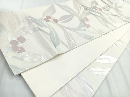 平和屋着物◎六通柄袋帯　枝花文　銀糸　正絹　逸品　CABH1623nb