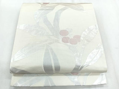 平和屋着物◎六通柄袋帯　枝花文　銀糸　正絹　逸品　CABH1623nb