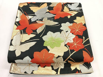 平和屋着物◎六通柄袋帯　花蝶文　黒地　金銀糸　正絹　逸品　CABH1627nb