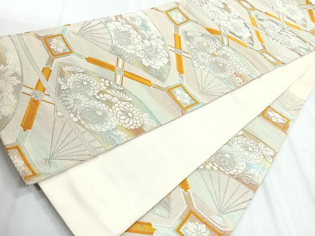 平和屋着物◎六通柄袋帯　唐織　扇面舞花文　銀糸　正絹　逸品　CABH1629nb