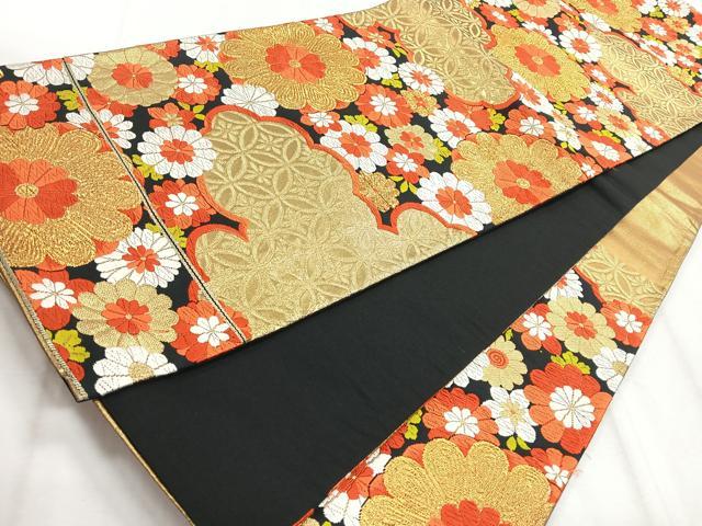 平和屋着物◎六通柄袋帯　雲取り更紗花文　黒地　金糸　正絹　逸品　CABH1634nb