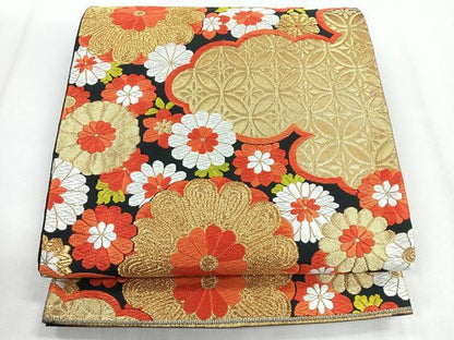 平和屋着物◎六通柄袋帯　雲取り更紗花文　黒地　金糸　正絹　逸品　CABH1634nb