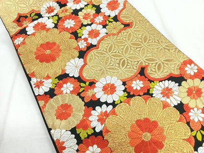 平和屋着物◎六通柄袋帯　雲取り更紗花文　黒地　金糸　正絹　逸品　CABH1634nb