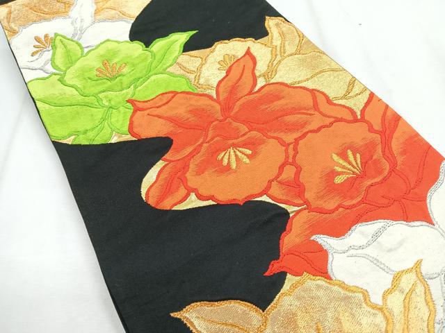 平和屋着物◎六通柄袋帯　唐織　舞花文　黒地　金銀糸　正絹　逸品　CABH1636nb