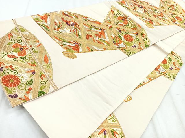 平和屋着物◎六通柄袋帯　唐織　扇面花鳥文　正絹　逸品　CABH1640nb