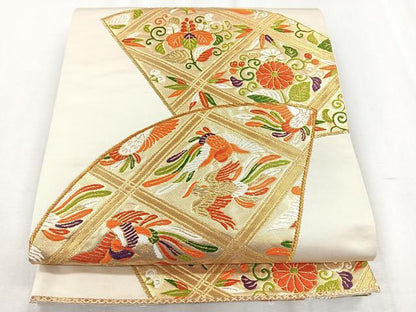 平和屋着物◎六通柄袋帯　唐織　扇面花鳥文　正絹　逸品　CABH1640nb