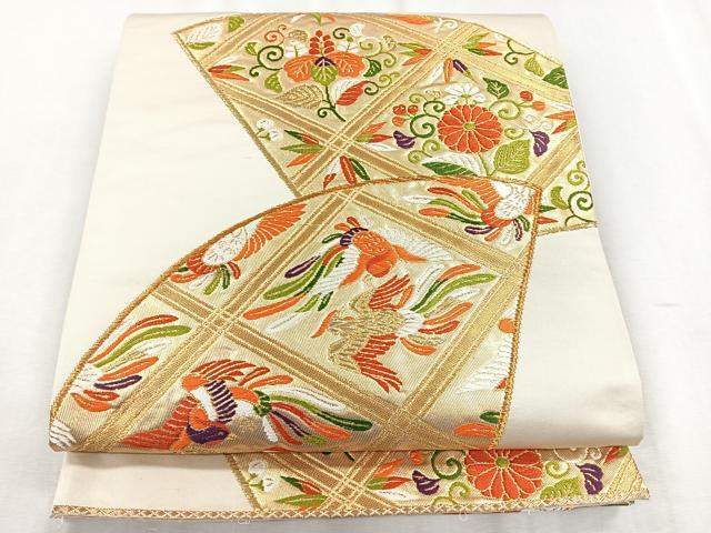 平和屋着物◎六通柄袋帯　唐織　扇面花鳥文　正絹　逸品　CABH1640nb