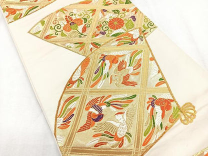 平和屋着物◎六通柄袋帯　唐織　扇面花鳥文　正絹　逸品　CABH1640nb