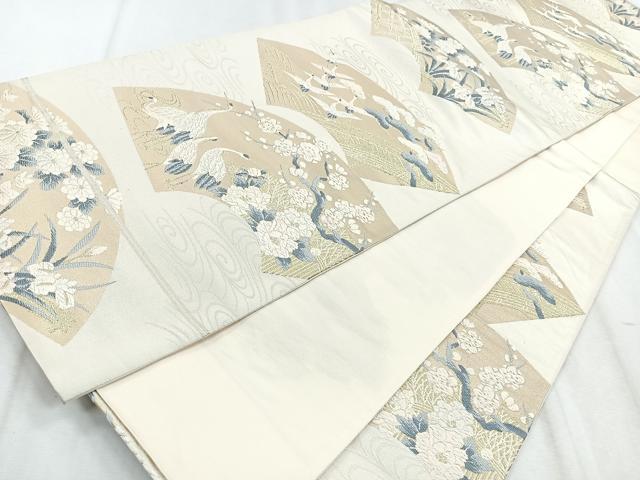 平和屋着物◎六通柄袋帯　流水地紙花鳥文　鶴　金糸　三越扱い　正絹　逸品　CABH1641nb