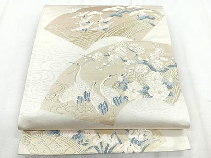 平和屋着物◎六通柄袋帯　流水地紙花鳥文　鶴　金糸　三越扱い　正絹　逸品　CABH1641nb