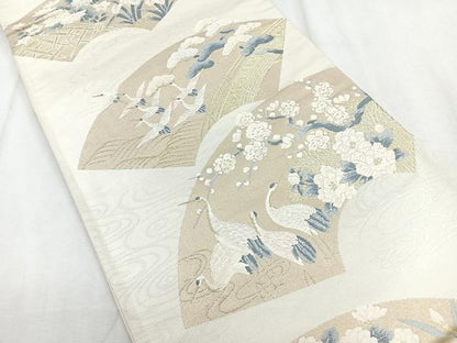 平和屋着物◎六通柄袋帯　流水地紙花鳥文　鶴　金糸　三越扱い　正絹　逸品　CABH1641nb