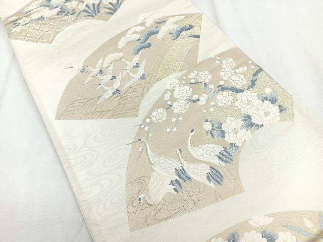 平和屋着物◎六通柄袋帯　流水地紙花鳥文　鶴　金糸　三越扱い　正絹　逸品　CABH1641nb