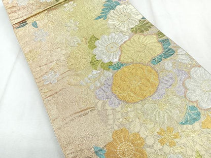 平和屋着物◎六通柄袋帯　草花文　金銀糸　正絹　逸品　未使用　CABH1644nb