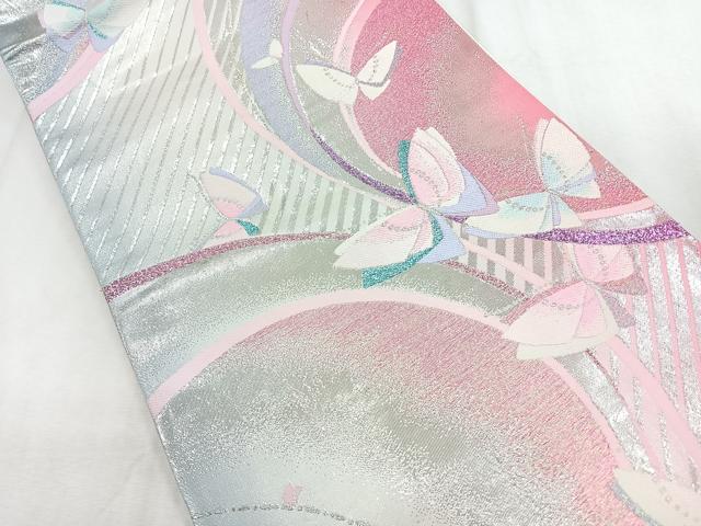 平和屋着物◎六通柄袋帯　舞蝶文　銀糸　正絹　逸品　CABH1645nb
