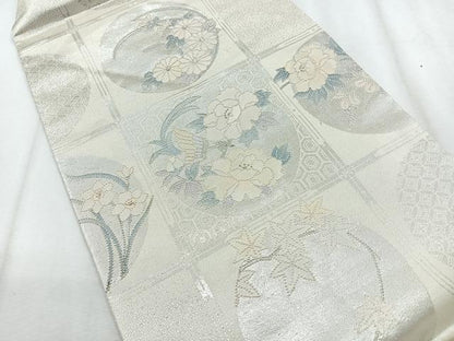平和屋着物◎中国三大刺繍　相良刺繍　九寸名古屋帯　格子花丸文　銀糸　正絹　逸品　CABH1648nb