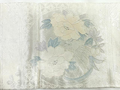 平和屋着物◎中国三大刺繍　相良刺繍　九寸名古屋帯　格子花丸文　銀糸　正絹　逸品　CABH1648nb