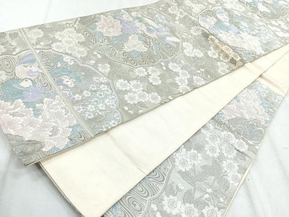 平和屋着物◎六通柄袋帯　流水花鳥文　九百錦　ホワイトゴールド箔　正絹　逸品　CABH1655nb