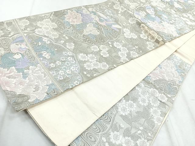 平和屋着物◎六通柄袋帯　流水花鳥文　九百錦　ホワイトゴールド箔　正絹　逸品　CABH1655nb