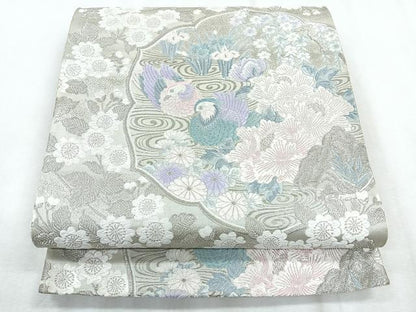 平和屋着物◎六通柄袋帯　流水花鳥文　九百錦　ホワイトゴールド箔　正絹　逸品　CABH1655nb