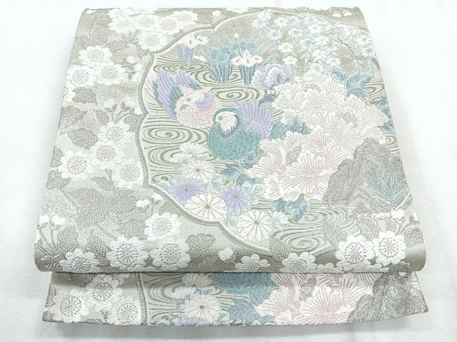 平和屋着物◎六通柄袋帯　流水花鳥文　九百錦　ホワイトゴールド箔　正絹　逸品　CABH1655nb