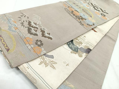 平和屋着物◎両面　太鼓柄　京袋帯　草花文　正絹　逸品　CABH1656nb