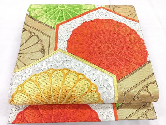 平和屋着物◎六通柄袋帯　唐織　亀甲舞花文　金糸　正絹　逸品　CABH1657nb
