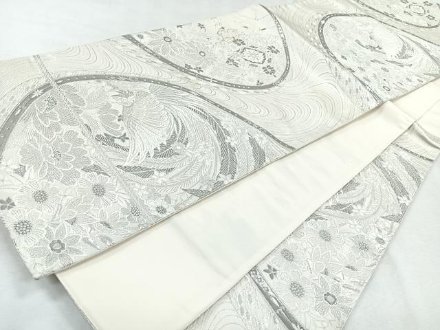平和屋着物◎六通柄袋帯　花鳥文　銀糸　正絹　逸品　CABH1660nb