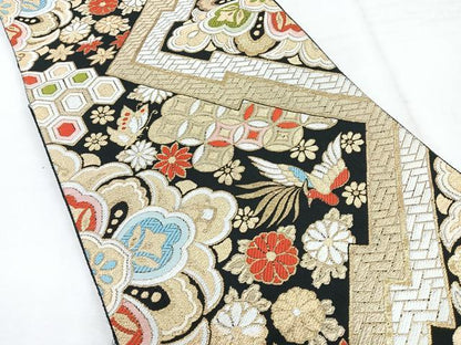 平和屋着物◎六通柄　京袋帯　花鳥舞蝶文　黒地　金糸　正絹　逸品　CABH1665nb
