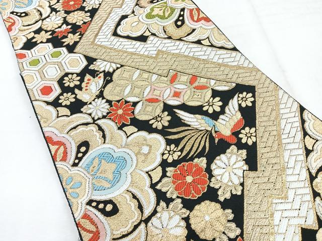 平和屋着物◎六通柄　京袋帯　花鳥舞蝶文　黒地　金糸　正絹　逸品　CABH1665nb
