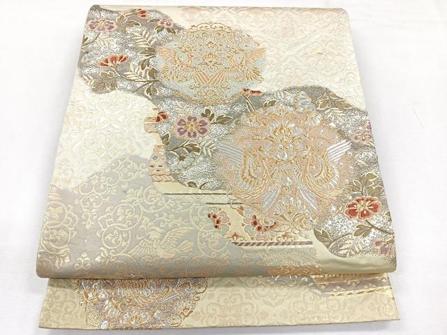 平和屋着物◎太鼓柄袋帯　唐織　向かい鳥花文　正絹　逸品　CABH1666nb