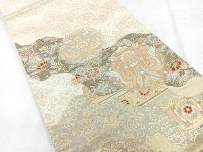 平和屋着物◎太鼓柄袋帯　唐織　向かい鳥花文　正絹　逸品　CABH1666nb
