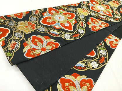 平和屋着物◎六通柄袋帯　更紗花文　黒地　金銀糸　正絹　逸品　CABH1667nb