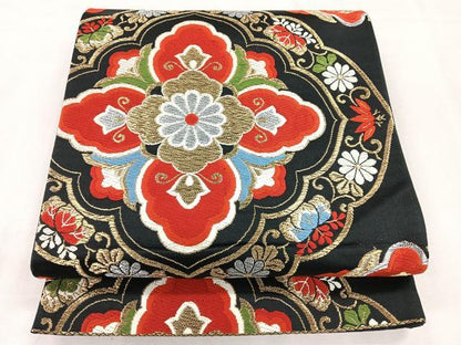 平和屋着物◎六通柄袋帯　更紗花文　黒地　金銀糸　正絹　逸品　CABH1667nb