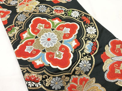 平和屋着物◎六通柄袋帯　更紗花文　黒地　金銀糸　正絹　逸品　CABH1667nb
