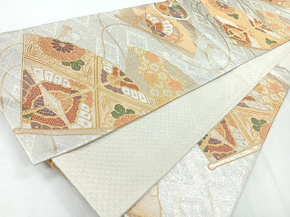 平和屋着物◎佐賀錦　六通柄袋帯　唐織　扇面花蝶文　金銀糸　正絹　逸品　CABH1671nb