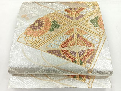 平和屋着物◎佐賀錦　六通柄袋帯　唐織　扇面花蝶文　金銀糸　正絹　逸品　CABH1671nb