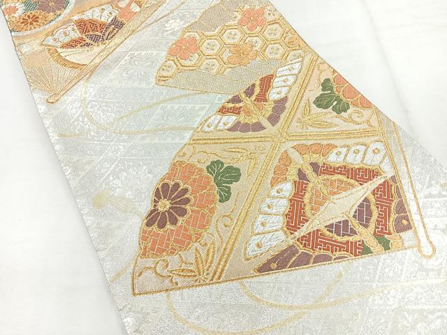 平和屋着物◎佐賀錦　六通柄袋帯　唐織　扇面花蝶文　金銀糸　正絹　逸品　CABH1671nb