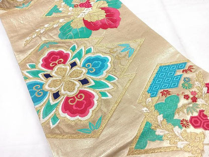 平和屋着物◎六通柄袋帯　唐織　松皮菱花文　金糸　正絹　逸品　CABH1674nb