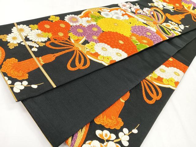 平和屋着物◎六通柄袋帯　鏡裏花文　黒地　金糸　正絹　逸品　CABH1685nb