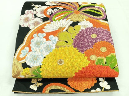 平和屋着物◎六通柄袋帯　鏡裏花文　黒地　金糸　正絹　逸品　CABH1685nb