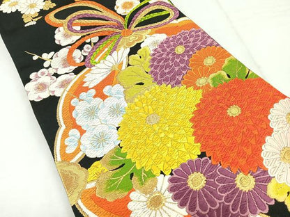 平和屋着物◎六通柄袋帯　鏡裏花文　黒地　金糸　正絹　逸品　CABH1685nb