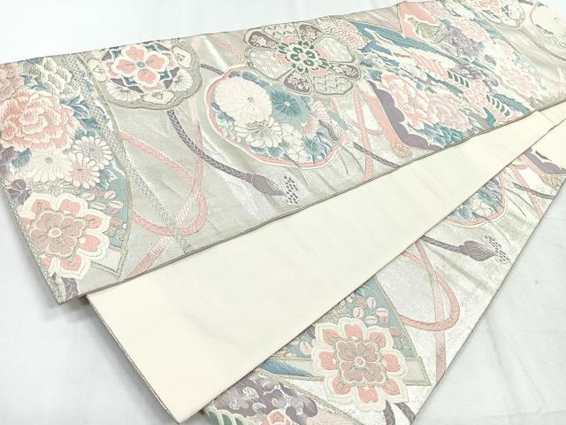 平和屋着物◎六通柄袋帯　扇面花鳥紋　金銀糸　正絹　逸品　CABH1708nb
