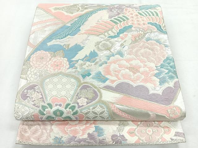 平和屋着物◎六通柄袋帯　扇面花鳥紋　金銀糸　正絹　逸品　CABH1708nb