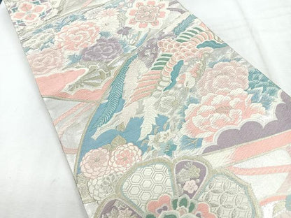 平和屋着物◎六通柄袋帯　扇面花鳥紋　金銀糸　正絹　逸品　CABH1708nb