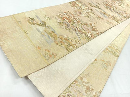 平和屋着物◎両面　六通柄袋帯　地紙花鳥文　金糸　正絹　逸品　CABH1713nb