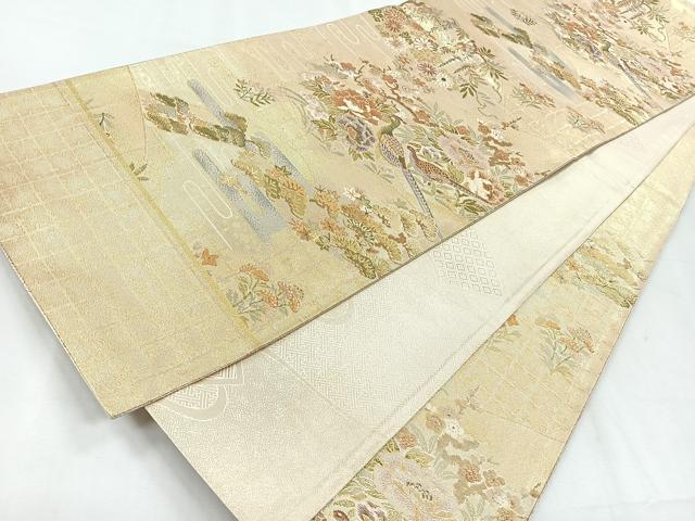 平和屋着物◎両面　六通柄袋帯　地紙花鳥文　金糸　正絹　逸品　CABH1713nb