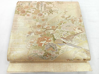 平和屋着物◎両面　六通柄袋帯　地紙花鳥文　金糸　正絹　逸品　CABH1713nb